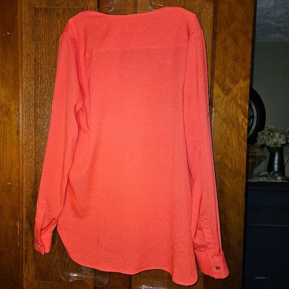 Calvin Klein Orange Wrap Medium Blouse LS | Stylish Long Sleeve V-Neck Work Top - Picture 3 of 6
